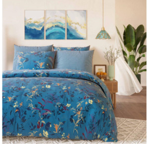 Parure de Couette Imprimé Double Face 240x220 cm + 2 Taies d'oreiller 65x65 cm  Volant Plat Piqué - 100% Percale Pur Coton