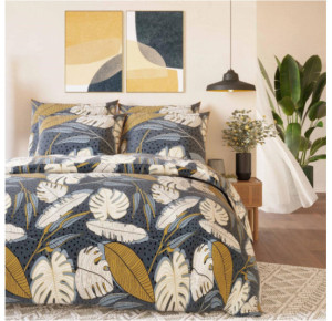 Parure de Couette Imprimé Double Face 240x220 cm + 2 Taies d'oreiller 65x65 cm Volant Plat Piqué - 100% Percale Pur Coton