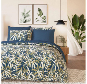 Parure de Couette Imprimé Double Face 240x220 cm + 2 Taies d'oreiller 65x65 cm Volant Plat Piqué - 100% Percale Pur Coton