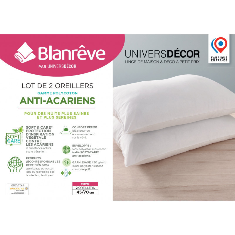 Coton Pur Lot de 2 oreillers Confort anti-acariens