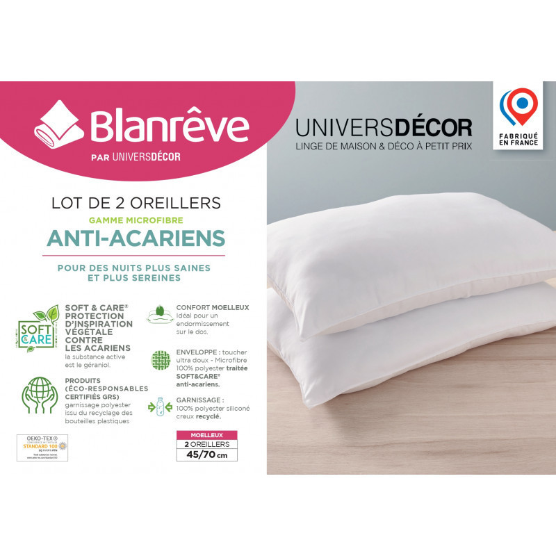 Coton Pur Lot de 2 oreillers Douceur microfibre anti-acariens