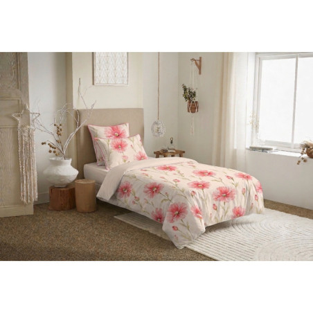 Pack Complet Housse de couette Imprimé - 100% coton / 57 fils/cm² - Bonnet 30 cm Coquelicot Rose Pétale 90x190