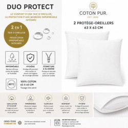 Coton Pur Lot de 2 taies d'oreiller imperméables en coton Duo Protect