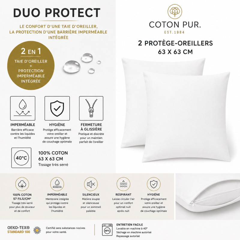 Coton Pur Lot de 2 taies d'oreiller imperméables en coton Duo Protect