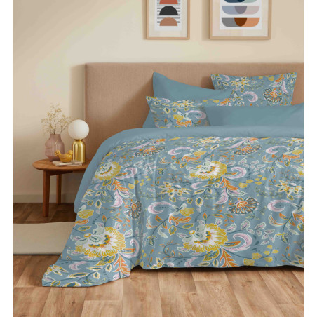 Pack Complet Housse de couette Imprimé - 100% coton / 57 fils/cm² - Bonnet 25 cm Bergame Turquoise 140x190